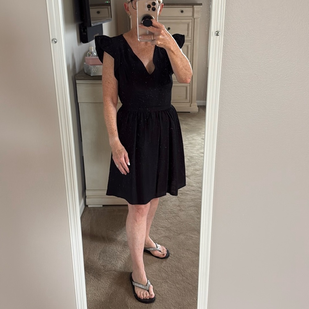 Express V Neck Flutter Sleeve Cinched Waist Black Mini Dress